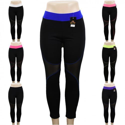 Wholesale Black Yoga PANTS with Mesh and Colored Accents Assorted