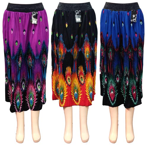 Wholesale Maxi SKIRT Peacock Print with Black and Silver Waist