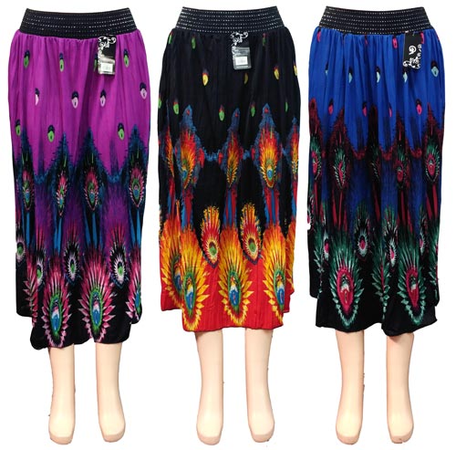 Wholesale Maxi Skirt Peacock Print with Black and Silver Waist