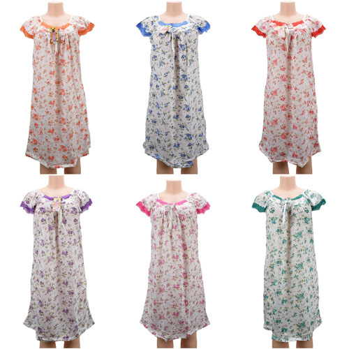 Wholesale Women Pajama Night Gown Small Flower Print Short Sleeve