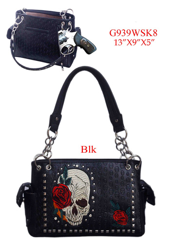 Wholesale Concealed Carry Studded Skull Purse with Rose