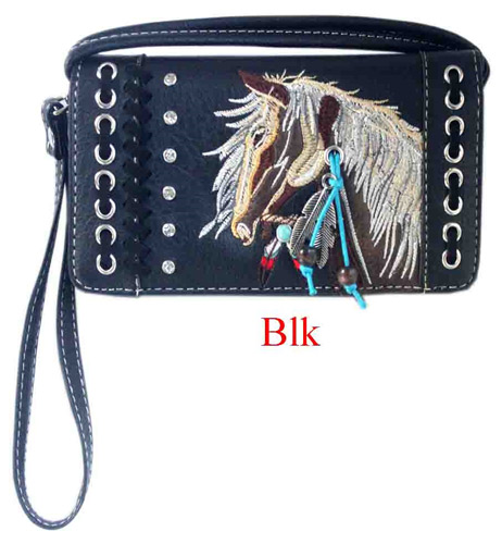Wholesale Rhinestone WALLET Purse with Horse Embroidery Black