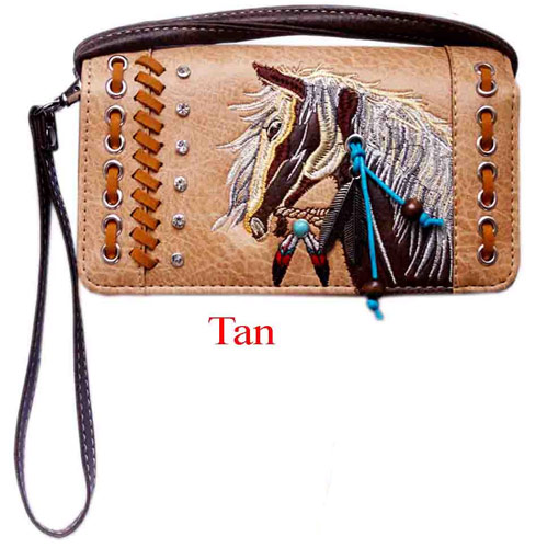 Wholesale Rhinestone WALLET Purse with Horse Embroidery Tan