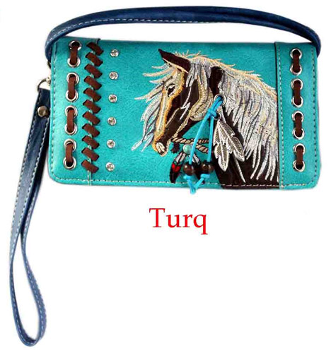 Wholesale Rhinestone WALLET Purse with Horse Embroidery Turquoise