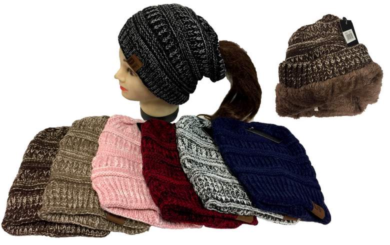 Wholesale Knitted Pony Tail Beanie Plush Lining Winter HAT