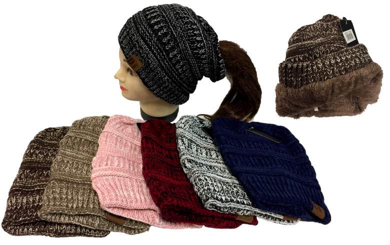 Wholesale Knitted Pony Tail BEANIE Plush Lining Winter Hat