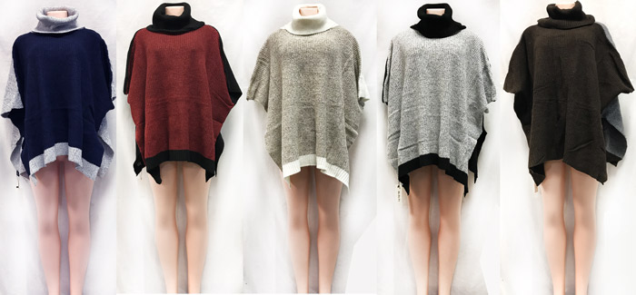Wholesale Turtle Neck Bi-color PONCHO Sweater Cover-ups Assorted