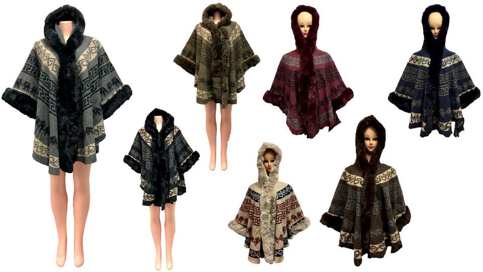 Wholesale Faux Fur Aztec Pattern CAPe with Hood AST