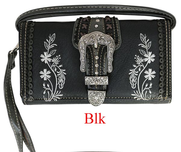 Wholesale Buckle Wallet PURSE with Embroideries Black