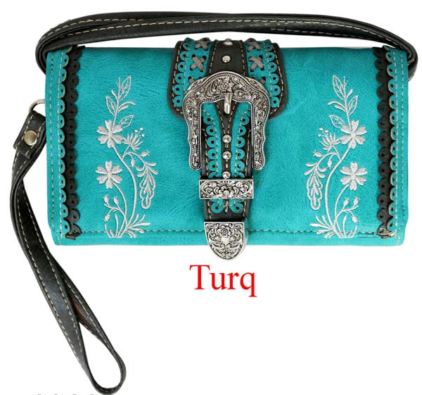 Wholesale Buckle WALLET Purse with Embroideries Turquoise