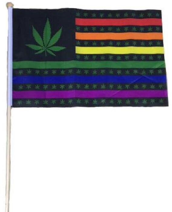 Wholesale Rainbow Marijuana Leaf Stick FLAGs 12 inch by 18 inch