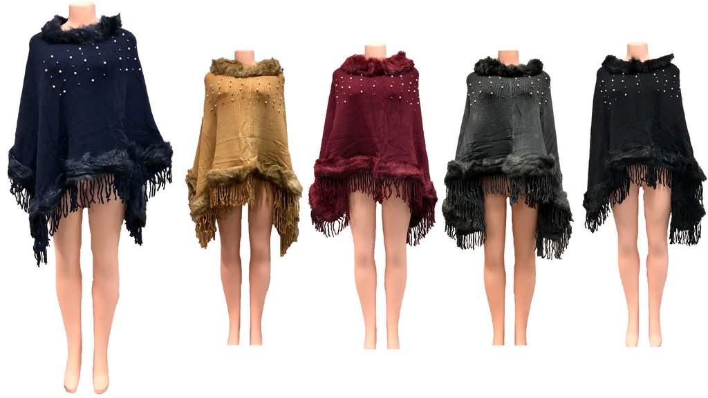 Wholesale Solid Color Faux Fur PONCHOs with pearl beaded Assorted