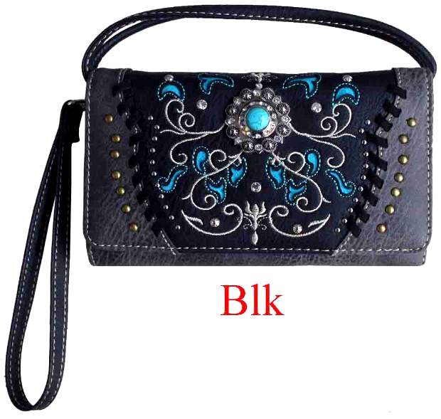 WESTERN Style Conch with Embroidery Wallet Purse Black