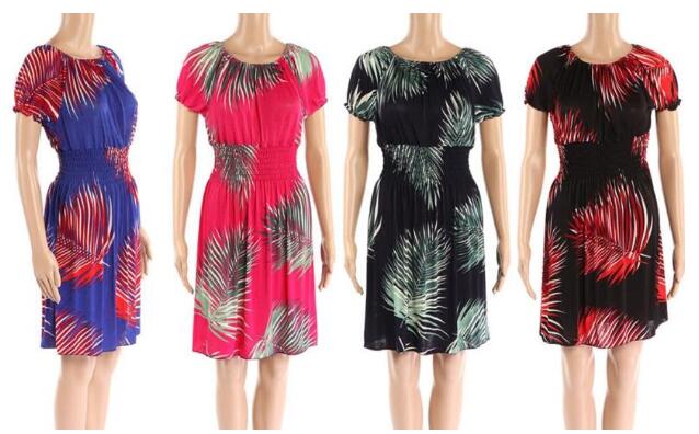 Wholesale SHORT Sleeve Sun Dress with Palm Leaf Print Assorted