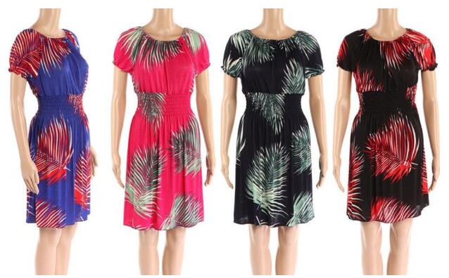 Wholesale Short Sleeve Sun Dress with Palm Leaf Print Assorted