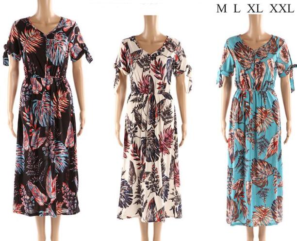 Wholesale Long Summer Dresses with leaf Prints Assorted