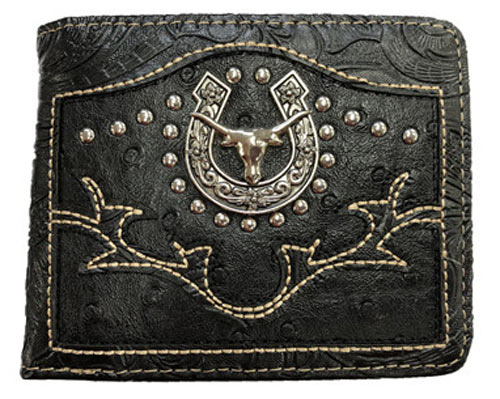 Wholesale Men Western Wallet with Long Horn Horse SHOE Black