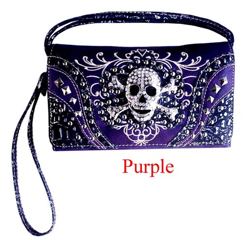 Wholesale Rhinestone SKULL & Bones Wallet Purse Purple