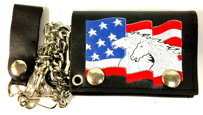 Wholesale Horses on USA Flag Tri-fold Leather Chain WALLET