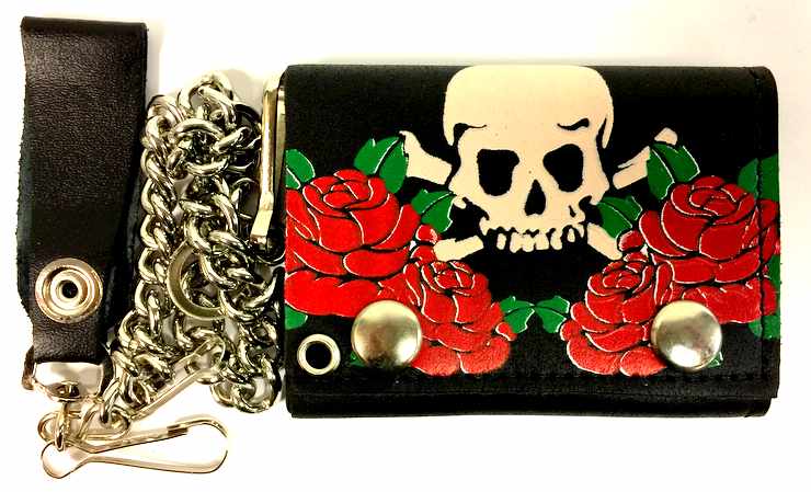 Wholesale Tri-fold leather WALLET with Skull crossbone red roses
