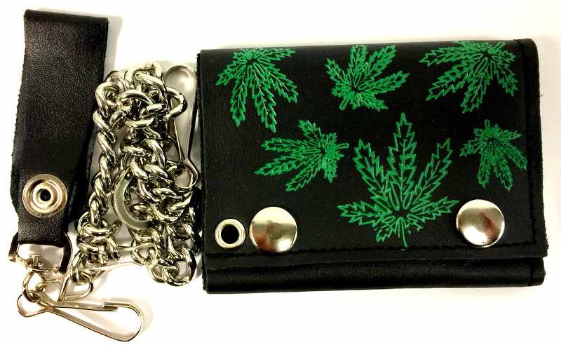 Wholesal Marijuana Leaves Printed LEATHER Chain Tri-fold Wallet