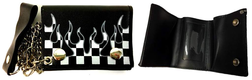 Wholesale Tri-fold LEATHER Chain WALLET Checkered Racing Flames