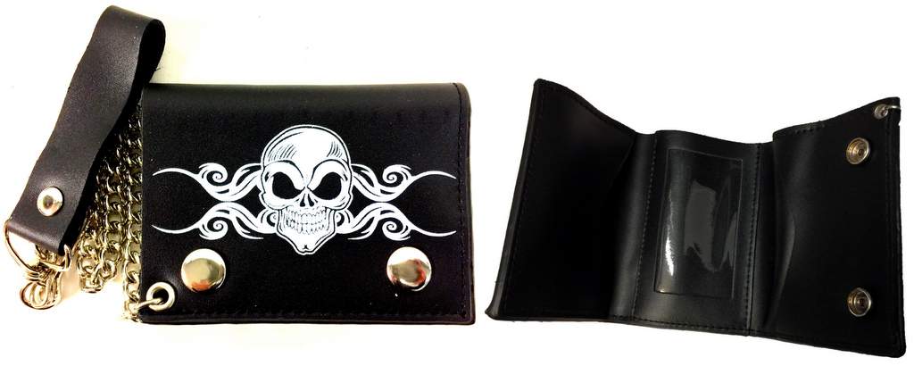 Wholesale Tri-fold LEATHER Chain Wallet with Skull