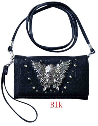 Wholesale Studded Skull with Wings & Roses Purse Black WALLET