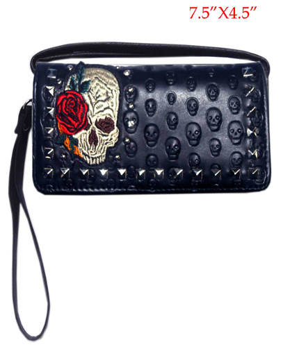 Wholesale Embroidered SKULL with Rose Studded Wallet Purse