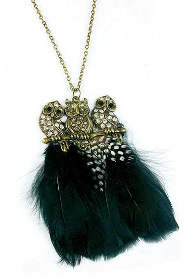 Owl With Feather Long NECKLACE