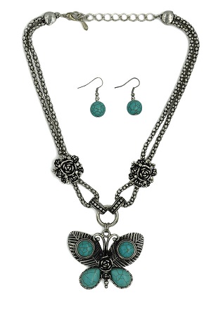 Turquoise Stone Butterfly NECKLACE & Earrings Set