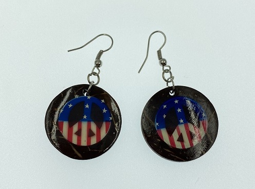 Peace Sign with USA FLAG Coconut Earrings