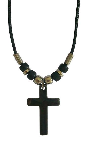 HEMATITE Cross Pendant Black Cord Necklace