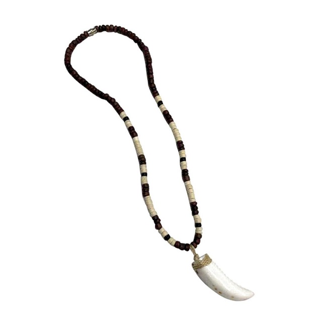 Burgundy/Beige/Black Coconut NECKLACE With Shell Tusk Pendant.
