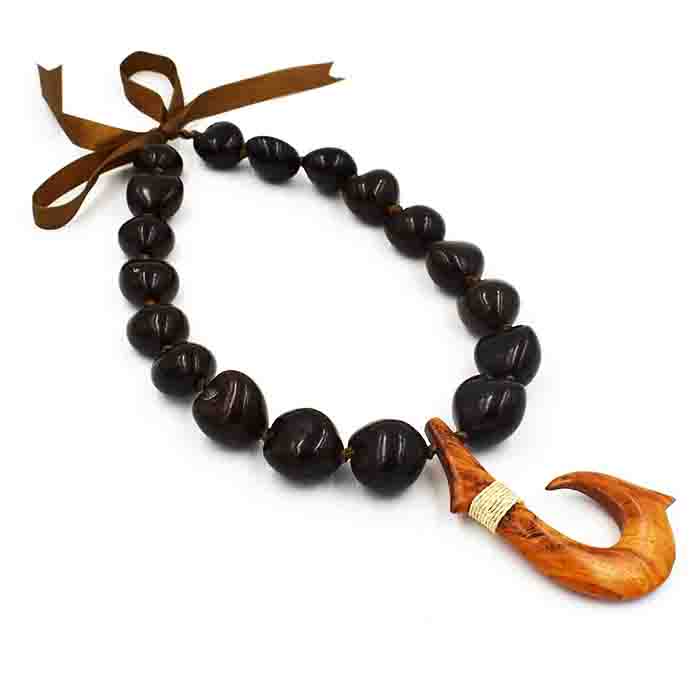 Brown Kukui Nut With Wooden Fish Hook PENDANT Lei / Necklace