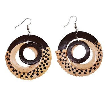 Hand Made Round  Coconut With Rattan EARRINGS