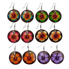 Coconut Shell With Hibiscus Flower Earrings.