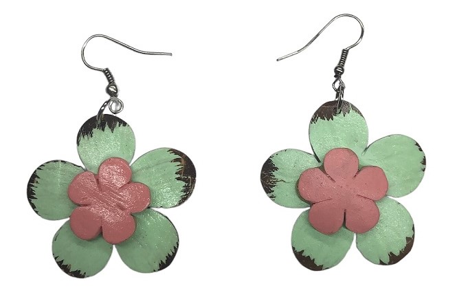 Hand Made Pastel Green Plumeria Shaped Coconut EARRINGS