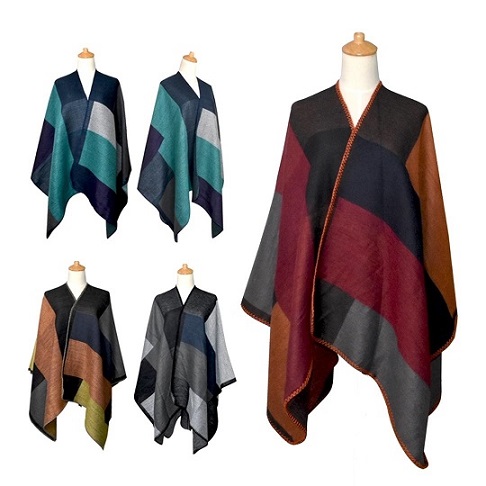 Women's Color Block Pattern Shawl Wrap Poncho Cape