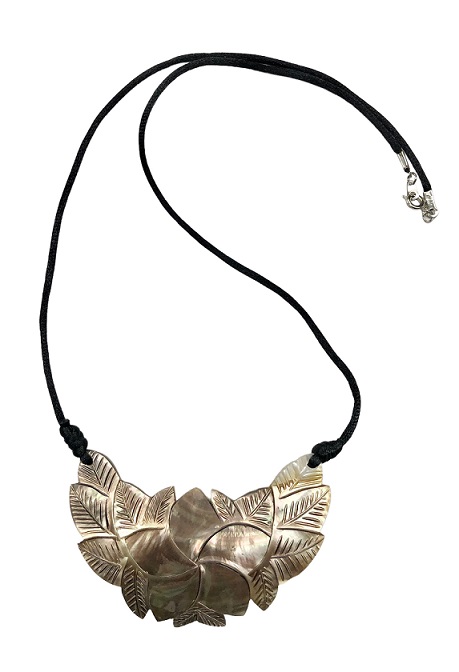 M.O.P Boomerang Carved Plumeria Flower And Leaf Necklace