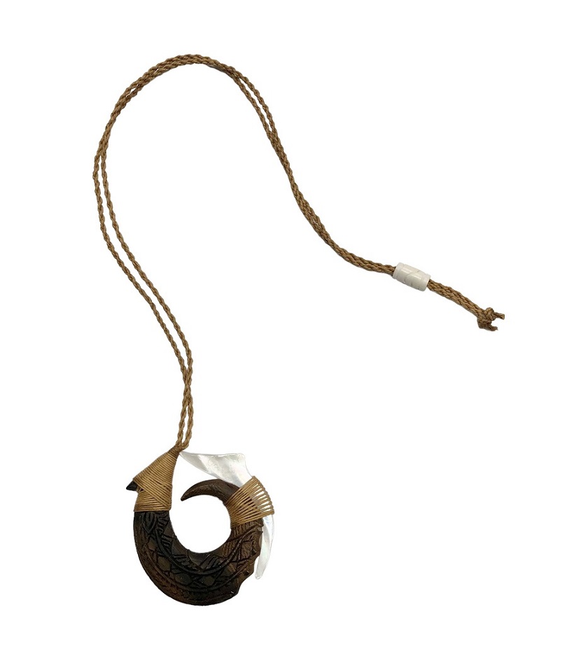 Sono Wood & Mother Of Pearl Fish Hook Pendant NECKLACE