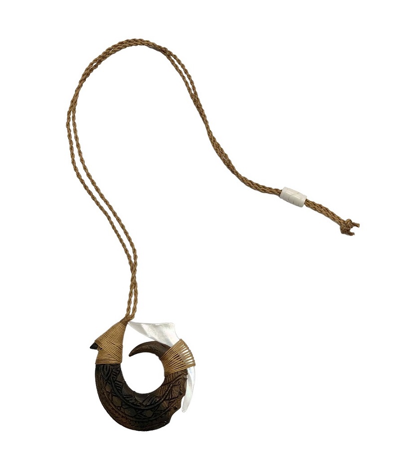 Sono Wood & Mother Of Pearl Fish Hook Pendant Necklace