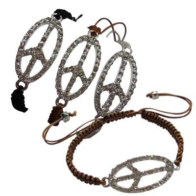 Oval Crystal Peace Sign Pendant With Cord BRACELET