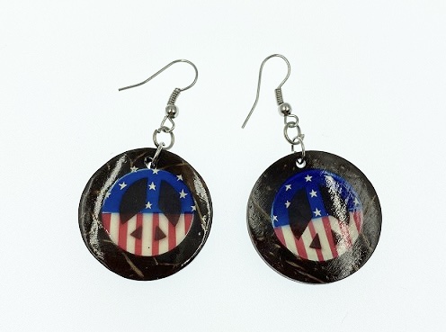 Peace Sign with USA FLAG Coconut Earrings