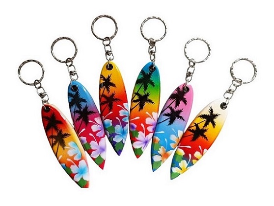 Air Brush Hibiscus and Palm Tree Surfboard Keychain.