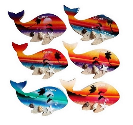 ''CALIFORNIA'' Wooden Dolphin Shape With Sea Shell and Sand Magnet