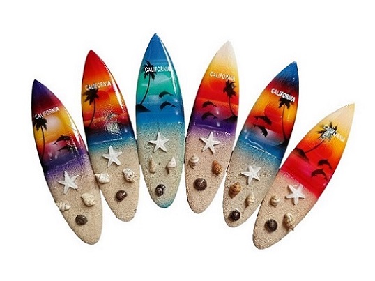 Wooden ''California'' Surfboard With Sea Shell and Sand Magnet