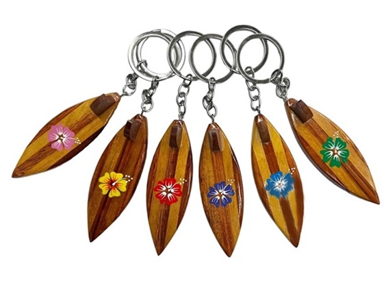 Wood Surfboard with Hibiscus KEYCHAIN