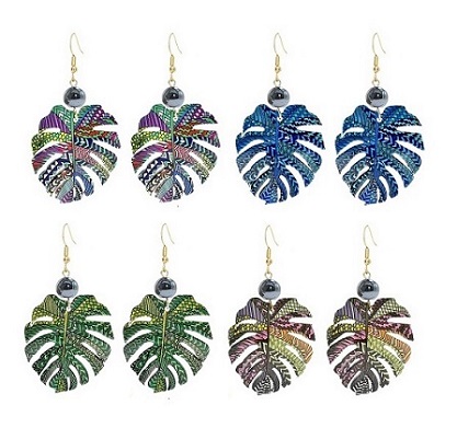 Acrylic Painted Green Monstera Leaf Earrings