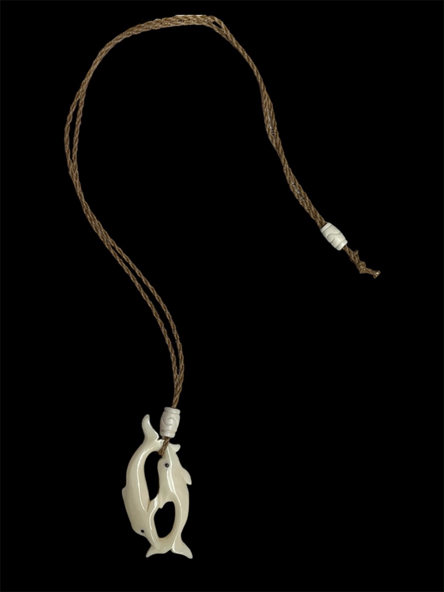 Hand Carved Playful  Dolphins Bone Pendant NECKLACE.